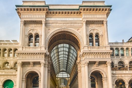Milan, Italy - November 2, 2017: Architectural detail of the Galleria Vittorio Emanuele II on a fall day. A prestigious shopping gallery located near Milan Cathedral, built by architect Giuseppe Mengoni from 1867 to 1878