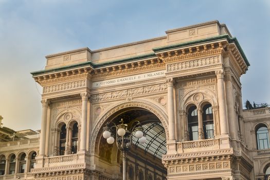 Milan, Italy - November 2, 2017: Architectural detail of the Galleria Vittorio Emanuele II on a fall day. A prestigious shopping gallery located near Milan Cathedral, built by architect Giuseppe Mengoni from 1867 to 1878