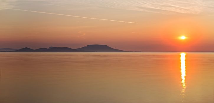 Sunrise over the lake Balaton of Hungary, long exposure