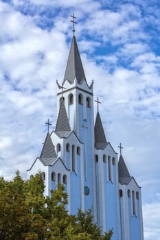 Interesting, modern, blue church in  the village Heviz of Hungary