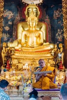 Bangkok, Thailand - August 25, 2019 : Monk praying for religious ceremony in buddhist belief at Wat Bowonniwet Vihara is major Buddhist temple (wat) in Phra Nakhon district, Bangkok.