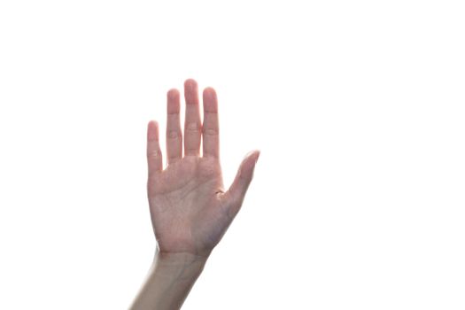 Woman hand showing stop or high five sign on white background.
