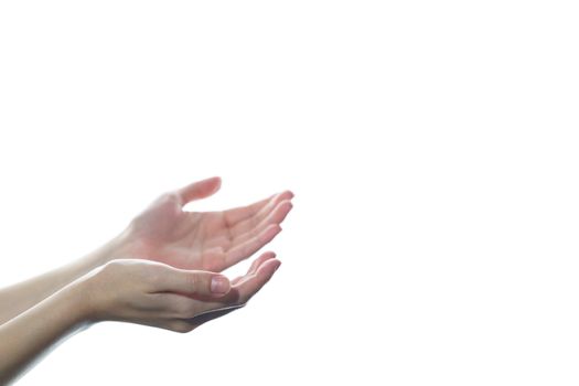 Woman hand pleading or open the palm of the hand on white isolated background.