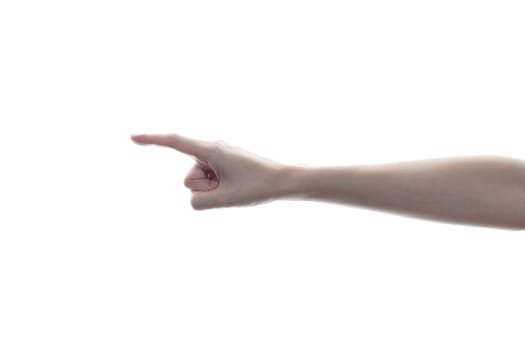 Woman hand touching or pointing to something isolated on white background.