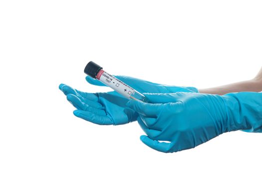 Woman hand wearing a blue rubber medical glove and hold COVID-19 swab collection kit on white isolated background.