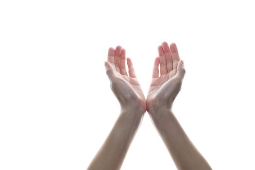 Woman open empty hands, hands of prayer on white isolated background.