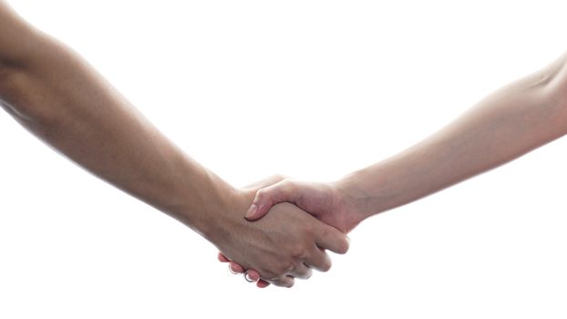 People shaking hands on white isolated background.