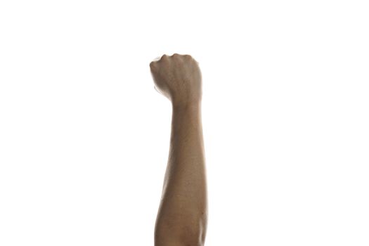 Fists of people raised in the air isolated on white background.