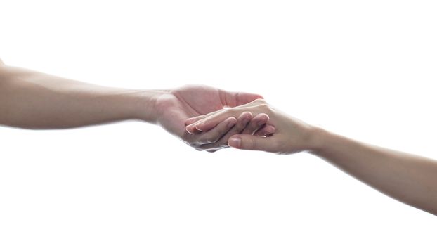 Couple holding hands with white isolated background.