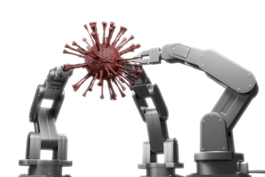 3d rendering white mechanical robotic arm with red virus on white isolated background. coronavirus concept.