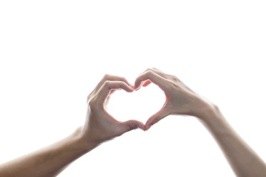 Man and Woman holding hands in heart shape, a sign of love on white isolated background.