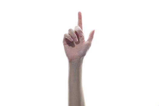 Hand press the button, click mouse concept on white isolated background.