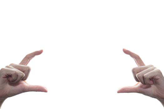 Female open cupped hands with empty between on white isolated background.