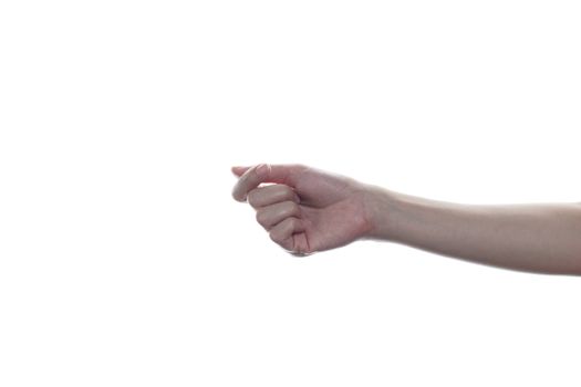 Woman hand holding a virtual card with fingers on a white background. stranglehold sign.