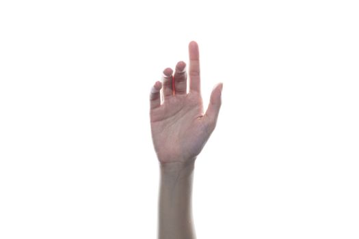 Hand press the button, click mouse concept on white isolated background.