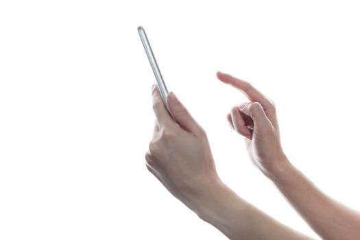 Side view of woman hand holding and touching smartphone isolated on white background.