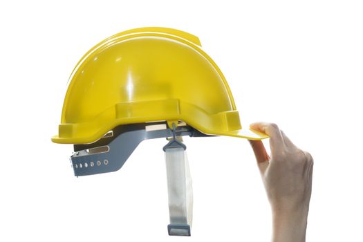 Woman hand holding yellow safety helmet isolated on white background.