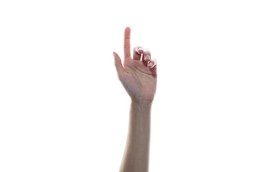 Hand press the button, click mouse concept on white isolated background.