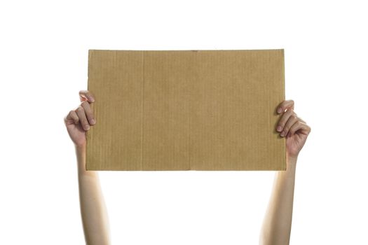 Woman hand holding a blank placard to put the text.