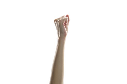 Fists of people raised in the air isolated on white background.
