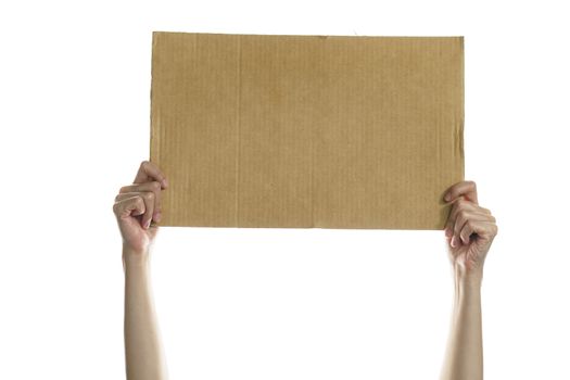 Woman hand holding a blank placard to put the text.