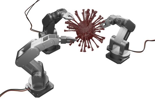 3d rendering white mechanical robotic arm with red virus on white isolated background. coronavirus concept.