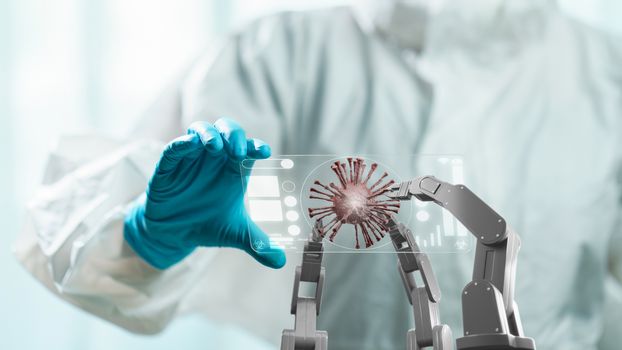 Doctor in hazmat suit holding transparent tablet to control white mechanical robotic arm with red virus. coronavirus concept. 3d