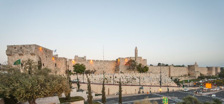 The walls of the old city of Jerusalem: South of Jaffa gate, the Tower of David. Jerusalem, Israel