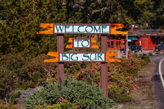 Big Sur sign welcoming visitors to this iconic piece of road in California, USA