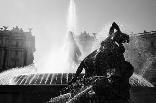 Republic Square (formerly Esedra Square). Details of the fountain. Black and white picture