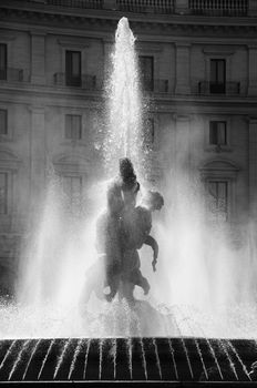 Republic Square (formerly Esedra Square). Details of the fountain. Vertical picture. Black and white picture