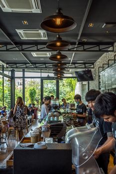 Chanthaburi, Thailand - May 6, 2016 : Coffee maker machine cafe make a hot coffee. Coffee is a beverage that has been popular.