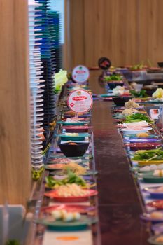 Bangkok, Thailand - May 8, 2016 : Unidentified Japan restaurant sushi conveyor or belt buffet