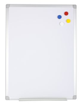 Whiteboard with magnetized color buttons isolated on white background.