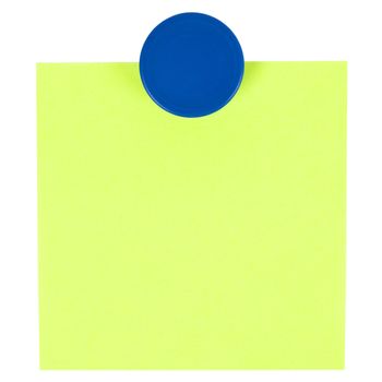 Adhesive note and magnet button on whiteboard.