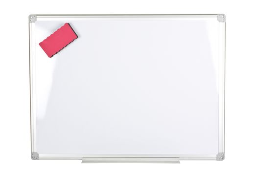 Whiteboard with magnetized red eraser isolated on white background.