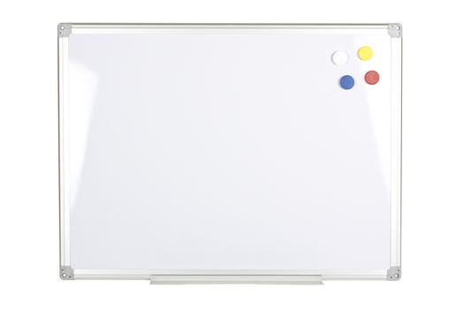 Whiteboard with magnetized color buttons isolated on white background.