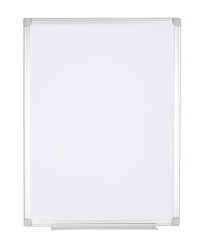Magnetized empty whiteboard isolated on white background.