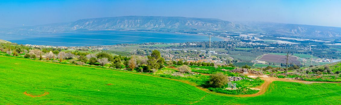 Panoramic view of the southern part of the Sea of Galilee, and nearby villages, in northern Israel