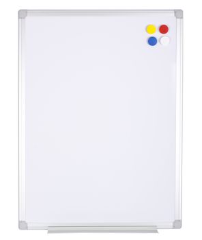 Whiteboard with magnetized color buttons isolated on white background.