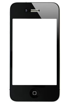 A front view of a black Apple iPhone 4 displaying a blank white screen. This photo was shot in the studio isolated on a white background.