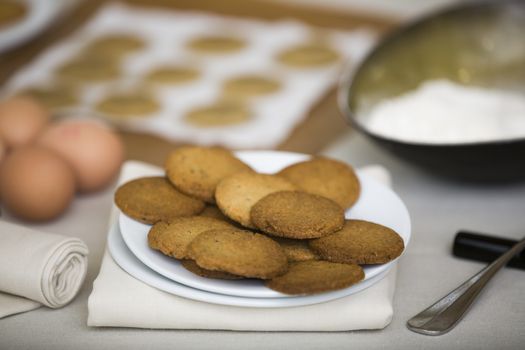 Plate with cookies in the table at front. In the back, out of focus, there are the natural ingredients to bake the cookies whick would be eggs, flour, water. The whole image is warm giving the message of cozyness.