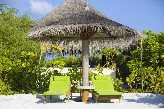 Two chairs and umbrella in the beach in Maldives. At background there is green vegetation and palm trees.