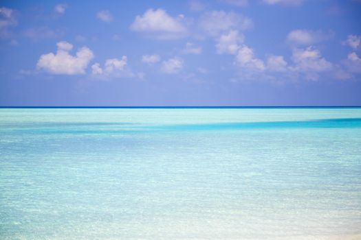 Endless horizon in a tropical paradisiacal turquoise beach in Maldives. The photo was taken in the water. There is a beautiful combinations between tones of blue and turquoise.