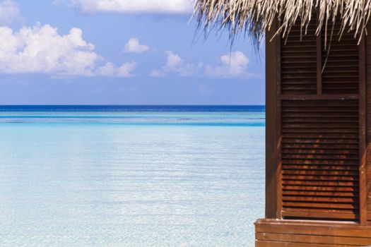 Detail of a bungalow in front of the lagoon in Maldives.