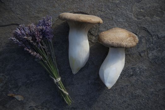 Mushrooms with lavender in a black tile.