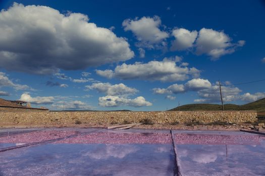 Pink salt basin in the front and green mountains in background with a clear blue sky. 