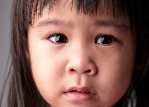 Portrait face of Asian little child girl with sad expression on dark background.
