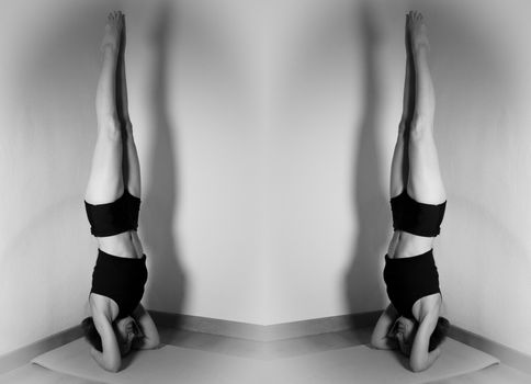 Women practicing yoga position for meditation one in front of the other.