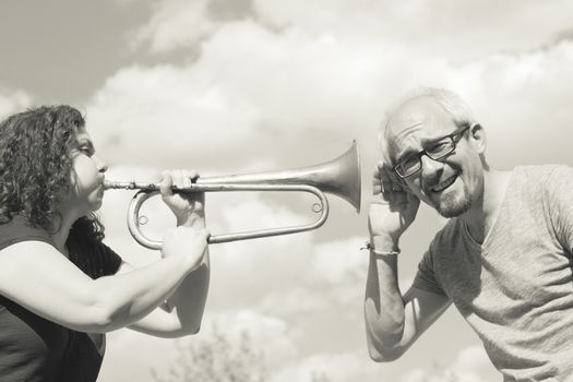 trumpet, man, white, player, black, room, saxophone, people, female, playing, adult, male, play, two, couple, music, instrument, performer, blower, trumpeter, woman, musician, person, girl, portrait, face, hair, golden, holding, hands, musical